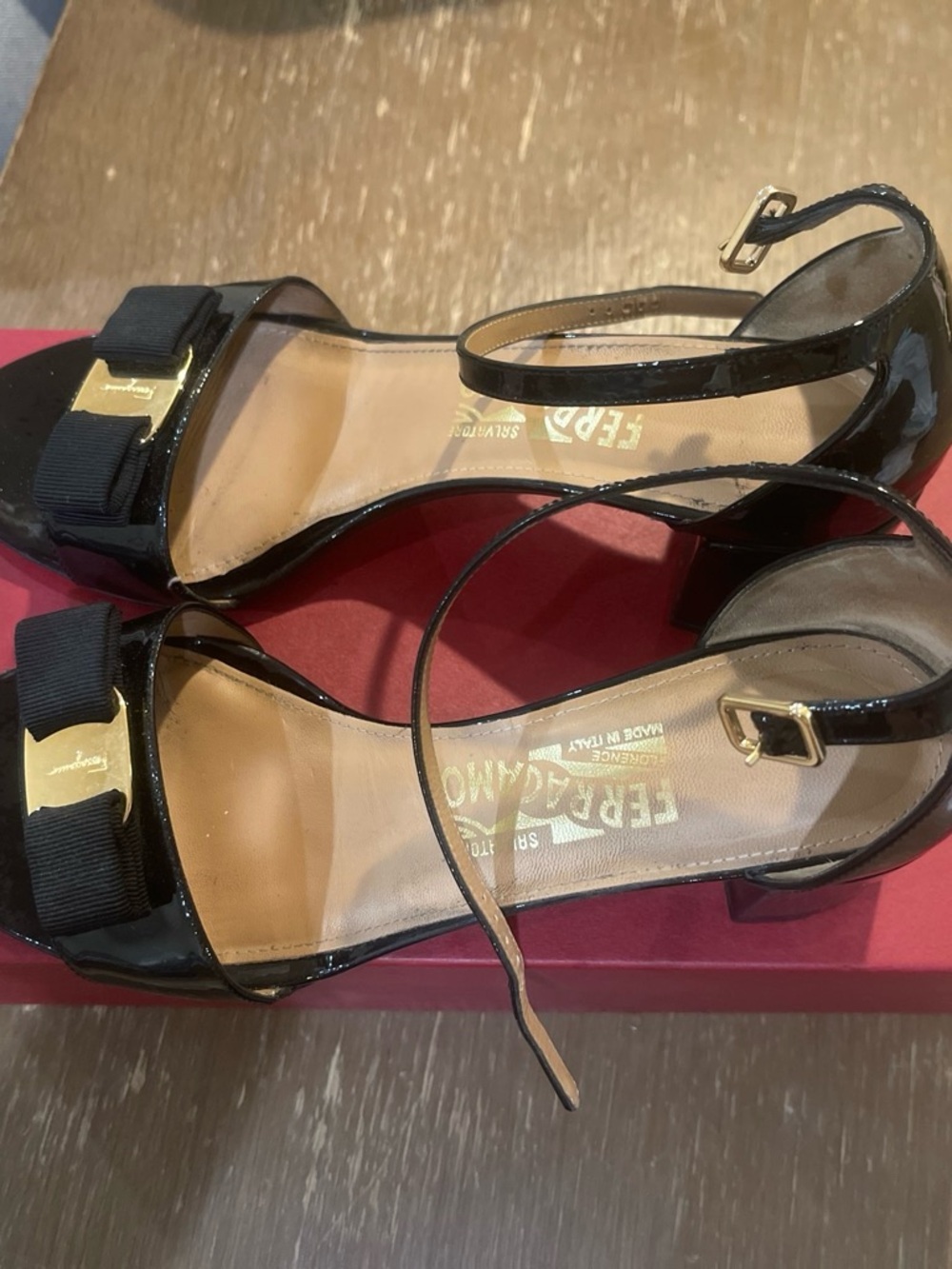 Salvatore Ferragamo Black Patent Bow Ankle-Strap Sandals